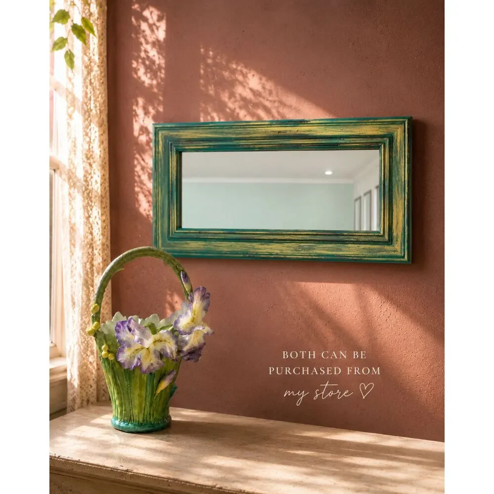 Distressed Teal Gold Wood Wall Mirror 19” Boho Eclectic Rectangular Accent Mirro